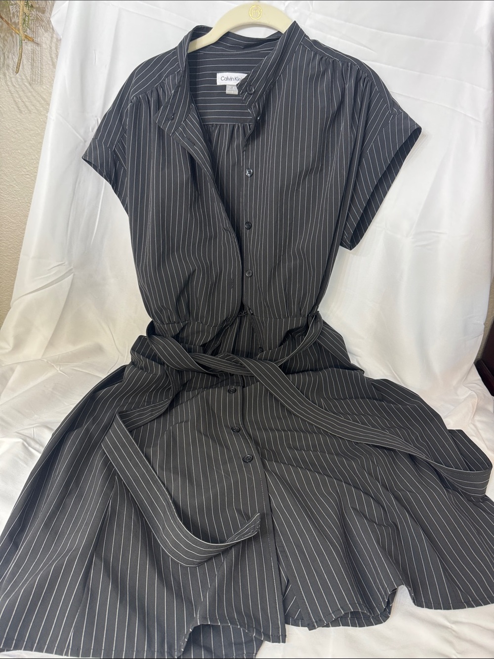 Calvin Klein Black with White Pinstripe Midi Shirt Dress